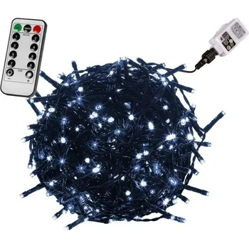 Vánoční dekorace Světelný řetěz na dálkové ovládání venkovní / vnitřní, 8 funkcí, studeně bílá, zelený kabel, 20 m