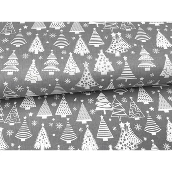 Mirtex Plátno DOMESTINO 120/ 22041-2 Vánoční stromky bílé na šedé šíře 160cm