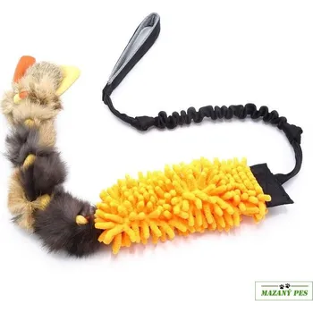 Hračka pro psa Pískací potvůrky Mop s králičí kožešinou motaný uzel oranžový