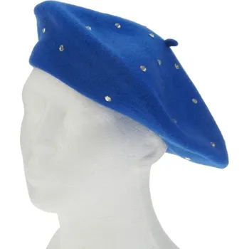 Čepice Vlněný baret modrý s kamínky (Dámský zimní baret 11 palců)