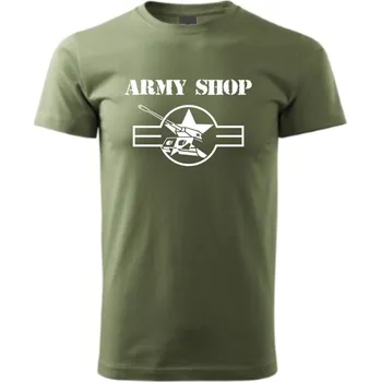 Triko reklamní ARMYSHOP s potiskem (Pánské tričko v army stylu s kvalitním potiskem pro každodenní nošení. Velmi kvalitní olivové tričko s potiskem ( ve předu na tričku je nápis ARMYSHOP + logo firmy a zezadu nápis www.army-shop.cz ). Dobrá savost,)
