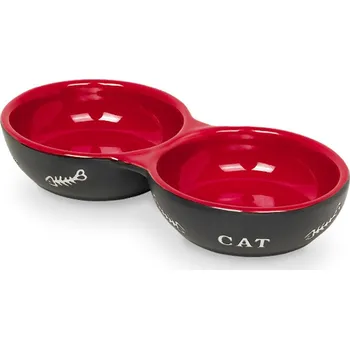 Miska pro psa Keramická miska NOBBY Cat pro kočky dvojitá černočervená 22x4cm (2x130ml)