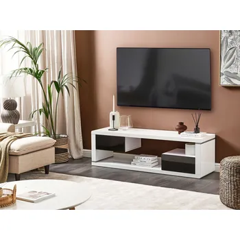 Televizní stolek TV stolek bílá a černá MDF deska s vysokým leskem 2 zásuvky minimalistický styl otevřený úložný prostor Beliani