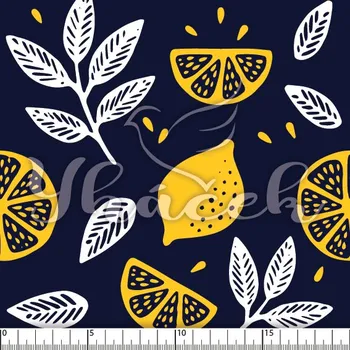 Zakázkový tisk, softshell, kočárkovina... Citróny a lístky na tmavě modré Látky k tisku: Microfirba