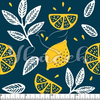 Zakázkový tisk, softshell, kočárkovina... Citróny a lístky na modré Látky k tisku: Microfirba