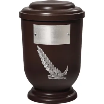Smuteční dekorace Pohřební Plastová urna na popel, oválné oblé víčko, hnědá, štítek č. 52, 100 x 50, stříbrná snítka