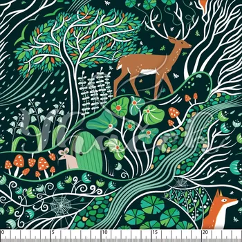 Zakázkový tisk, softshell, kočárkovina... Kouzelný les na petrolejové Látky k tisku: Microfirba