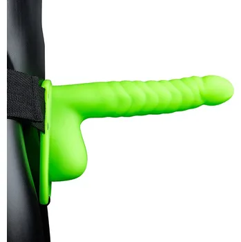 Připínací penis Ouch! Glow in the Dark Ribbed Hollow Strap-on with Balls 8" 21cm