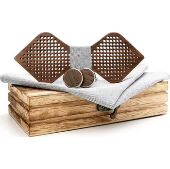 Motýlek Set dřevěného motýlku, manžetových knoflíčků a kapesníčku - Retro, šedý