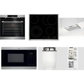 Set domácích spotřebičů AEG Mastery SteamBake BCK455350M + AEG Mastery DirectTouch HK654070XB + AEG DGB3523S + AEG Mastery MSB2547D-M + AEG Mastery GlassCare FSE73407P + AEG Mastery FlexiShelf SCE818D3LC