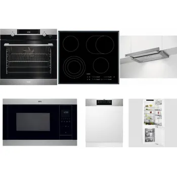 Set domácích spotřebičů AEG Mastery SteamBake BCK455350M + AEG Mastery DirectTouch HK654070FB + AEG DPE5660M + AEG Mastery MSB2547D-M + AEG FEE72706PM + AEG Mastery FlexiShelf SCE818D3LC