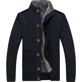 Pánský zimní kabát Pletená bunda zimní na knoflíky s copánky a kožíškem Barva: Tmavě Modrá, Velikost: 3XL