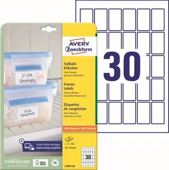 Samolepící etiketa Avery Zweckform L7975-25 Mrazu odolné etikety 30x50 mm, 750 ks, bílé + online software pro tisk etiket + tiskové šablony ke stažení zdarma