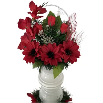 Smuteční dekorace Smuteční kytice košík mix červené květy P02119