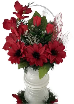 Smuteční dekorace Smuteční kytice košík mix červené květy P02119