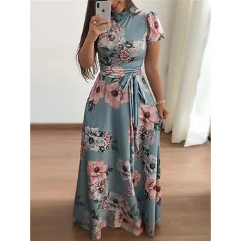 Dámské šaty Květované maxi šaty ve stylu vintage s páskem Velikost: 2XL, Barva (Varianta): short sleeve Blue