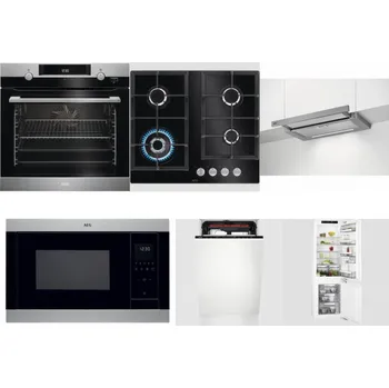 Set domácích spotřebičů AEG Mastery SteamBake BCK455350M + AEG Mastery SpeedBurner HKB64420NB + AEG DPE5660M + AEG Mastery MSB2547D-M + AEG Mastery MaxiFlex FSE73507P + AEG Mastery FlexiShelf SCE818D3LC