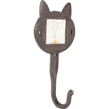 Věšák Hnědý litinový nástěnný háček kočičí hlavy s rámečkem - 9*5*18 cm / 5*5 cm