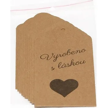 Dárková visačka Visačka kraftová - Vyrobeno s láskou, černé srdce - 10 ks