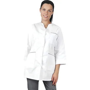 Zdravotnický oděv Dámský lékařský plášť s 3/4 rukávy, bílý s šedým lemováním, zástěra (54)