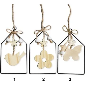 Velikonoční dekorace Jarní závěs ptáček/motýl/kytka - kov a dřevo 12 cm