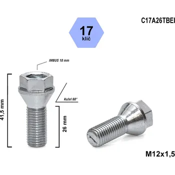 Šroubek na kolo Kolový šroub M12x1,5x26 kužel s krátkou hlavou, klíč 17, C17A26TBEI, výška 41,5 mm