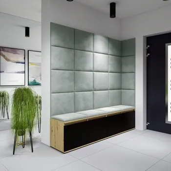 Předsíňová stěna Eka Předsíňová stěna s čalouněnými panely Trinity 3 - Dub Artisan s černou / Světlá zelená 2321