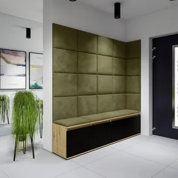 Předsíňová stěna Eka Předsíňová stěna s čalouněnými panely Trinity 3 - Dub Artisan s černou / Khaki zelená 2327