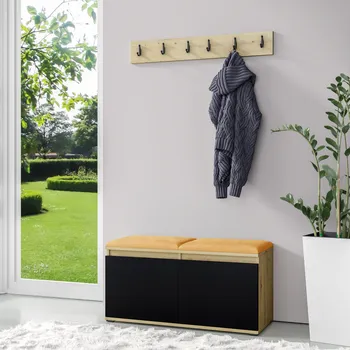 Předsíňová stěna Eka Předsíňová stěna s čalouněnými panely Trinity 5 - Dub Artisan s černou / Hořčicová 2326