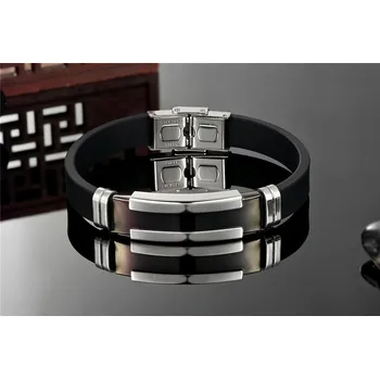 Náramek Trendy Pánský silikonový náramek s nerez ocelí - černo stříbrný B