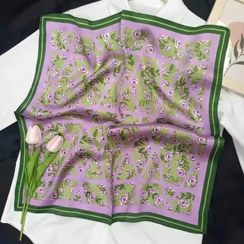 Šátek Hedvábný šátek květinový fialkovo-zelený 65x65 cm v dárkovém balení, WHITE ORCHID