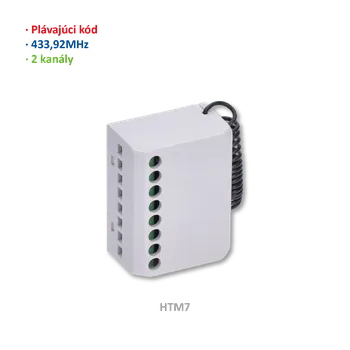 Pohon brány KOVIAN, s.r.o. TM7000 - zabudovatelná řídicí jednotka s přijímačem pro trubkové pohony, 2-kanálový, plovoucí kód (433.92 MHz), paměť na 30 kódů, rozměr: 45x30x20 mm