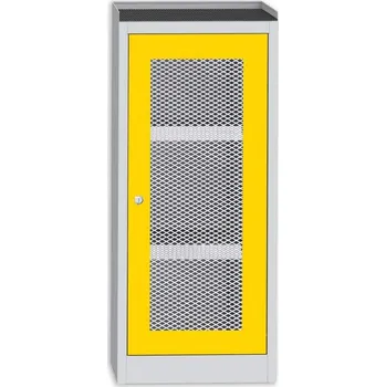 Skříň na chemikálie s mřížkou, v x š x h: 1150 x 505 x 500 mm, 2 vanové police, barva: korpus šedý RAL7035/ dveře žluté RAL1023