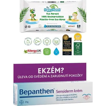 BEPANTHEN Krém Sansiderm proti ekzému 20 g + vlhčené ubrousky Happy Planet 100% BIO, 60 ks - VÝPRODEJ