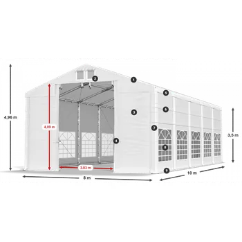 Zahradní stan Párty stan 8x10x3,5m střecha PVC 620g/m2 boky PVC 620g/m2 konstrukce ZIMA PLUS Bílá Bílá Zelená
