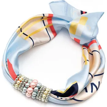 Šátek Šátek s bižuterií Letuška - modro-béžový s potiskem