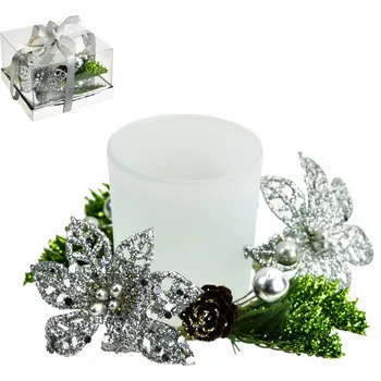 Vánoční svícen Svícínek s ponsetií v dárkovém balení, stříbrný, 7x11 cm