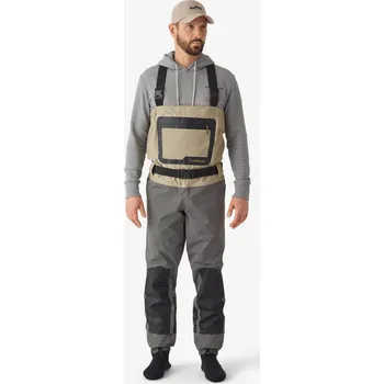 Snowboardové kalhoty CAPERLAN Rybářské brodicí kalhoty WDS 500 BR-S s neoprenovými botami 2XL BÉŽOVÁ|ŠEDÁ