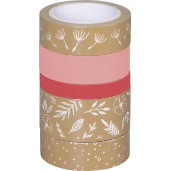 samolepka Ozdobné lepicí pásky - 5 papírových washi pásek s motivem lístků, růžové