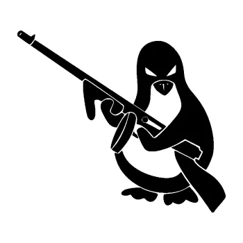 Samolepící dekorace SAMOLEPKA Tučňák se samopalem levá (01 - černá) NA AUTO, NÁLEPKA, FÓLIE, POLEP, TUNING, VLASTNÍ TEXT, TISK, AUTOSAMOLEPKY.cz, POLEPY, OBRÁZEK, LOGO, SAMOLEPKY