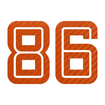 Polep vozidla Startovní číslo 86 typ 7 (54 - 3D karbon oranžový) SAMOLEPKA NA AUTO, NÁLEPKA, FÓLIE, POLEP, TUNING, VLASTNÍ TEXT, TISK, AUTOSAMOLEPKY.cz, POLEPY, OBRÁZEK, LOGO, 3D STICKERS