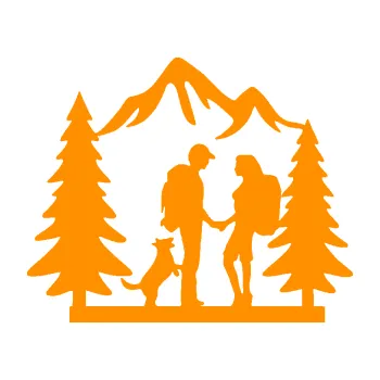 Samolepící dekorace Zamilovaná turistika 001 pravá výlet s pejskem (06 - oranžová) SAMOLEPKA NA AUTO, NÁLEPKA, FÓLIE, POLEP, TUNING, VLASTNÍ TEXT, TISK, AUTOSAMOLEPKY.cz, POLEPY, OBRÁZEK, LOGO, 3D STICKERS