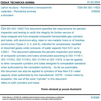 ČSN EN ISO 11623 - Lahve na plyny - Konstrukce z kompozitních materiálů - Periodická kontrola a zkoušení - Tisk