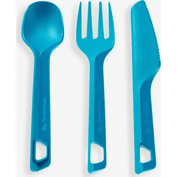 Kempingové nádobí QUECHUA SADA PLASTOVÝCH PŘÍBORŮ 3 KS (VIDLIČKA, NŮŽ, LŽÍCE) TYRKYSOVÁ MODRÁ