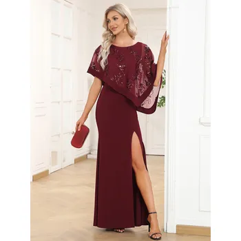 Dámské šaty Asymetrické šaty s rozparkem a krajkou Barva: Bordová, Velikost: M