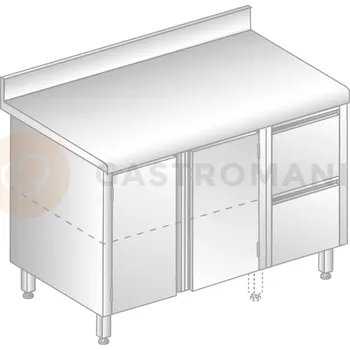 Nerezový dřez Stůl přístěnný z nerezové oceli se skříňkou, 2 šuplíky, zadní lištou a okapovou lištou 1400x700x850 mm | DORA METAL, DM-S-3127