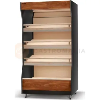 Regál pekařský s dřevěným opláštěním, osvětlení LED, horní osvětlení, bukové police nakloněné, boční stěny jsou z obyčejné desky, 2080x800x1980 mm | RAPA, RP-A1