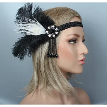 Souprava šperků B-TOP Čelenka do vlasů s kamínky a peřím ve VINTAGE stylu - černá/ bílá