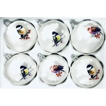 Vánoční ozdoba Irisa Sada "Ptačí vánoční taneční parket" - 6 ks, skleněné ozdoby, velikost 8 cm (s ptačími tanečními kroky) Velikost: 8 cm, Balení: 6ks, Barva: bílá