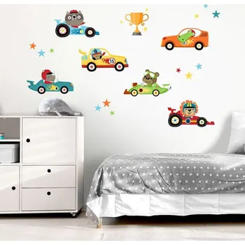 Samolepící dekorace Nálepky na zeď pestrobarevná závodní auta - Plotbase, s.r.o., 120x80cm